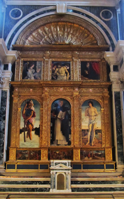 Джованни Беллини. Святые Христофор, Викентий Феррер и Себастьян. Дзаниполо, Венеция